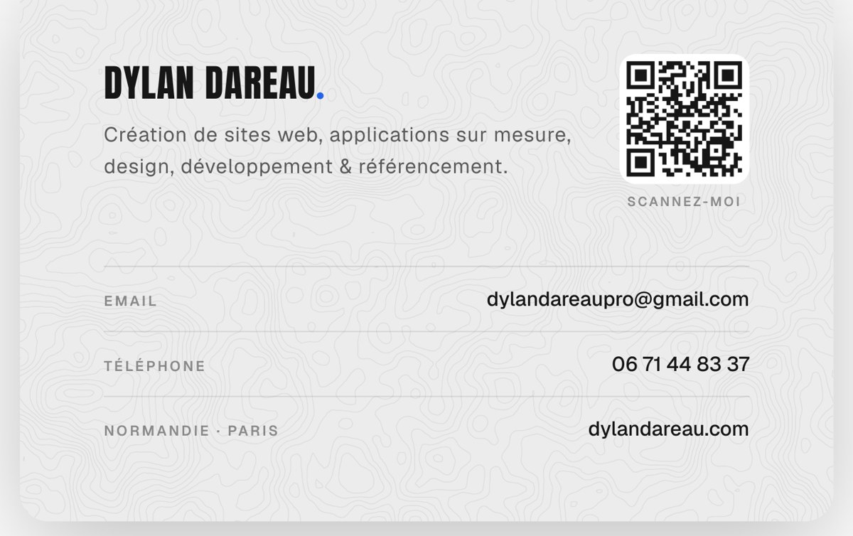 Carte de visite Dylan Dareau — verso, QR code et coordonnées